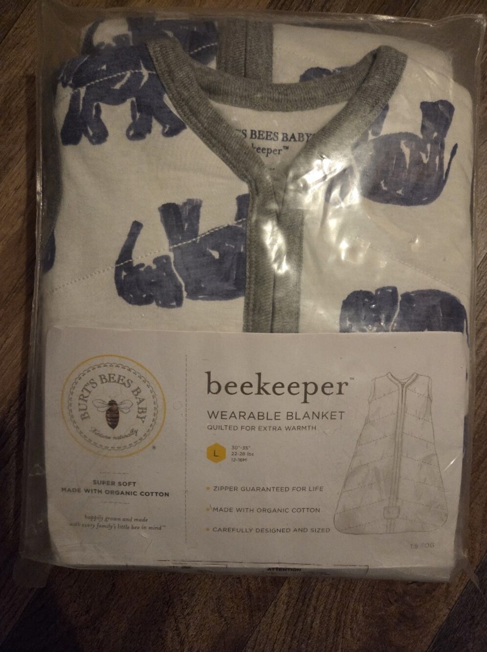 beekeepers® Baby Wearable Blanket Sleep Sack - White with Blue Elephant Print